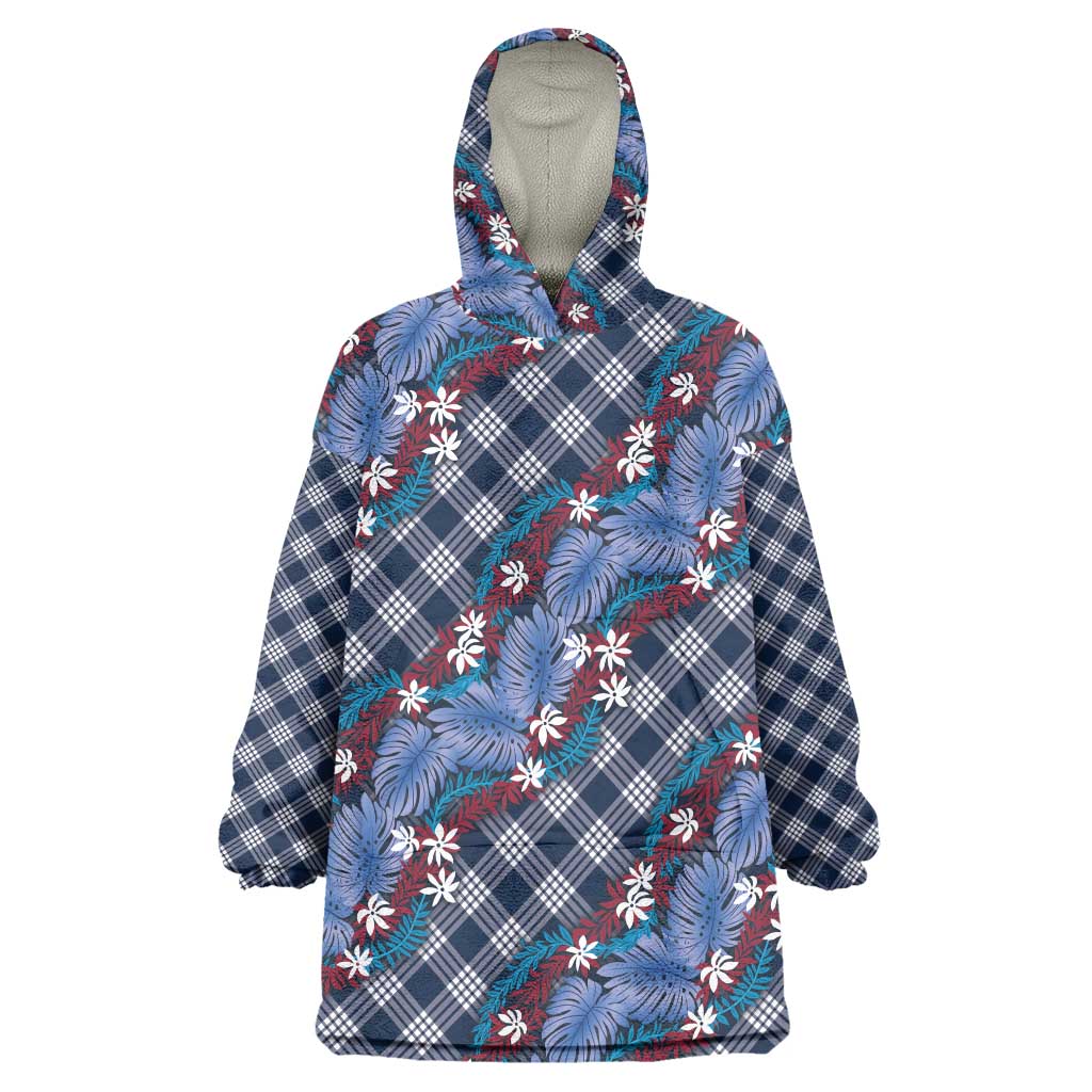 Polynesian Monstera Tiare Floral Wearable Blanket Hoodie Royal Blue Tropical Plaid - Polynesian Pride