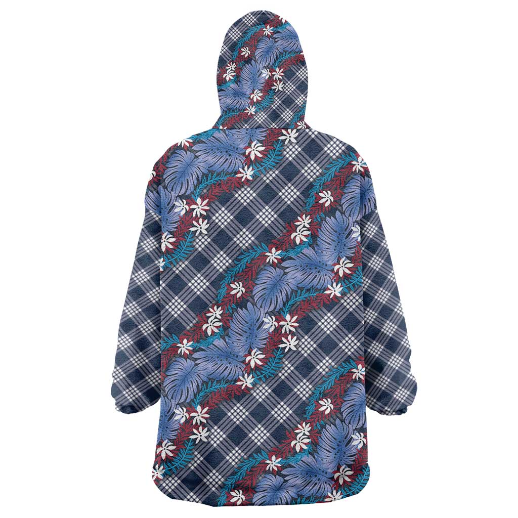 Polynesian Monstera Tiare Floral Wearable Blanket Hoodie Royal Blue Tropical Plaid - Polynesian Pride