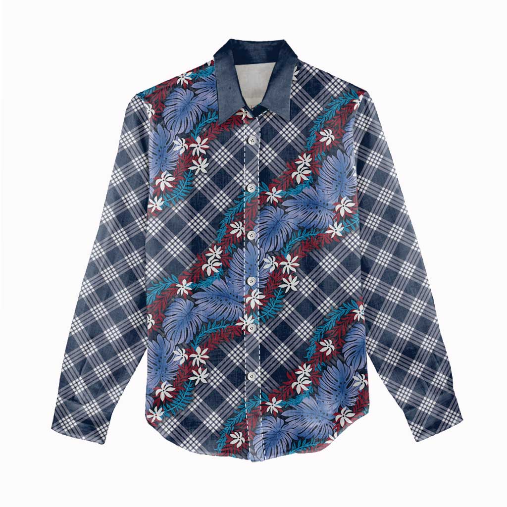 Polynesian Monstera Tiare Floral Women Casual Shirt Royal Blue Tropical Plaid - Polynesian Pride