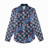 Polynesian Monstera Tiare Floral Women Casual Shirt Royal Blue Tropical Plaid - Polynesian Pride