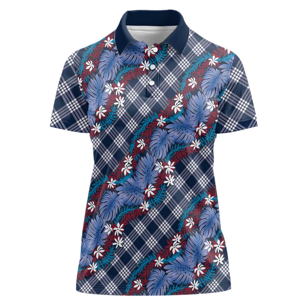Polynesian Monstera Tiare Floral Women Polo Shirt Royal Blue Tropical Plaid - Polynesian Pride