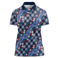 Polynesian Monstera Tiare Floral Women Polo Shirt Royal Blue Tropical Plaid - Polynesian Pride