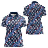 Polynesian Monstera Tiare Floral Women Polo Shirt Royal Blue Tropical Plaid - Polynesian Pride