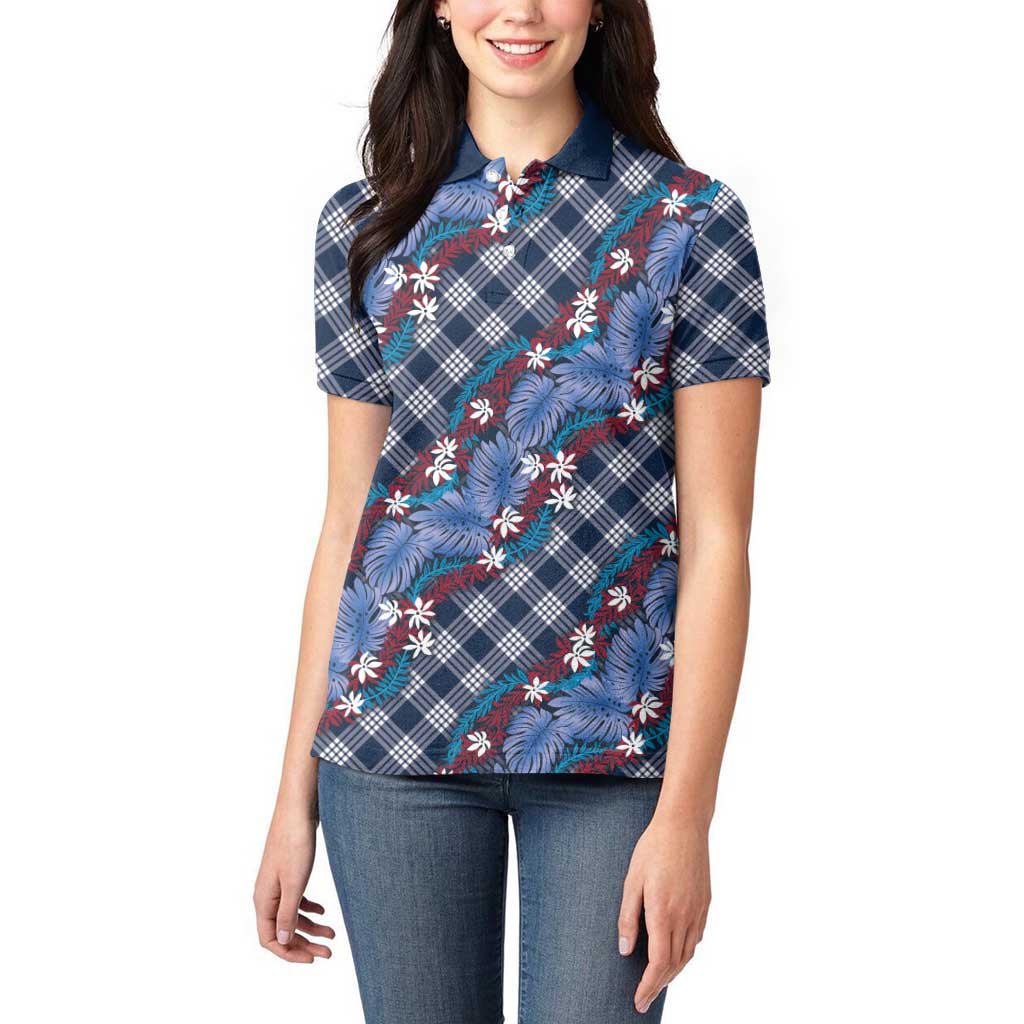 Polynesian Monstera Tiare Floral Women Polo Shirt Royal Blue Tropical Plaid - Polynesian Pride