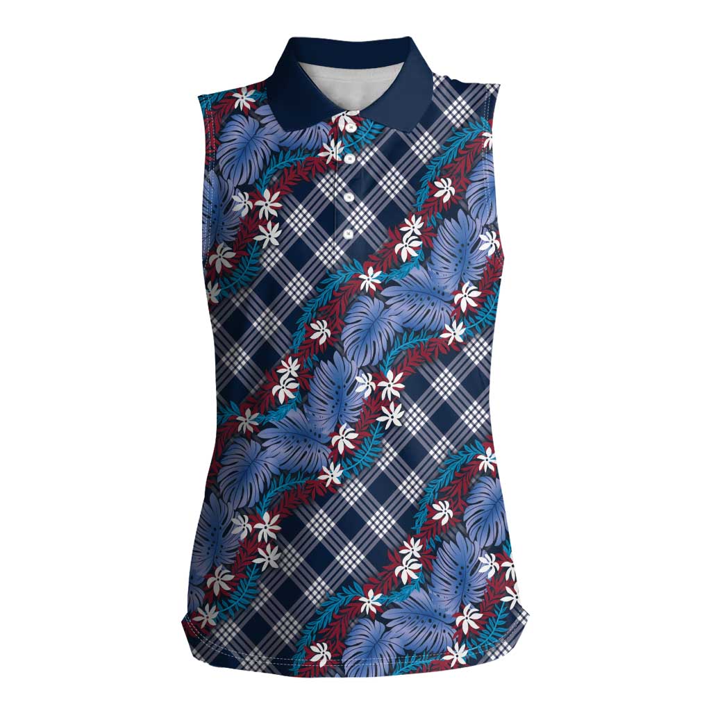 Polynesian Monstera Tiare Floral Women Sleeveless Polo Shirt Royal Blue Tropical Plaid - Polynesian Pride
