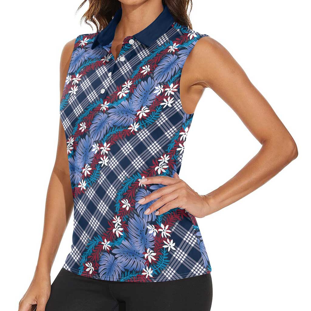 Polynesian Monstera Tiare Floral Women Sleeveless Polo Shirt Royal Blue Tropical Plaid - Polynesian Pride