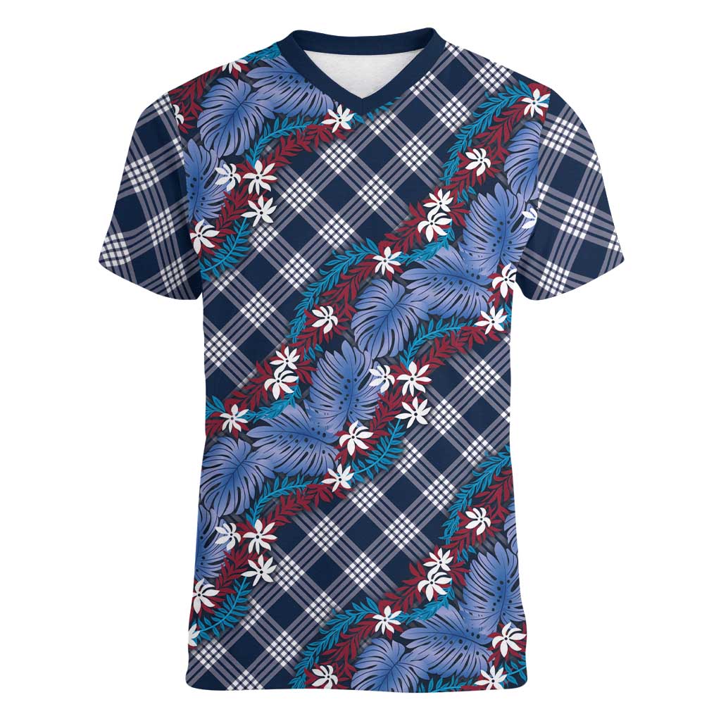 Polynesian Monstera Tiare Floral Women V-Neck T-Shirt Royal Blue Tropical Plaid - Polynesian Pride