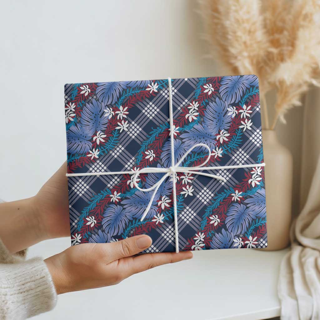 Polynesian Monstera Tiare Floral Wrapping Paper Royal Blue Tropical Plaid - Polynesian Pride
