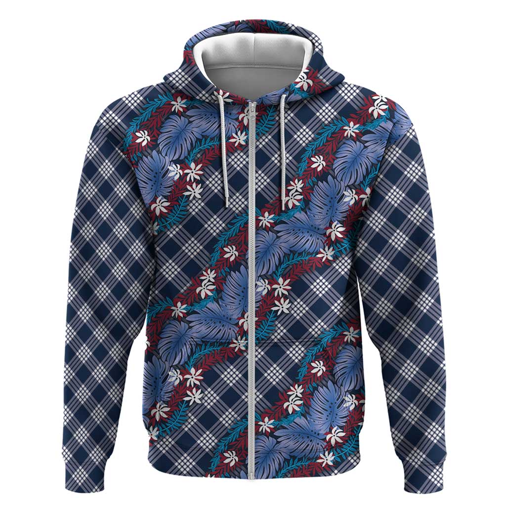 Polynesian Monstera Tiare Floral Zip Hoodie Royal Blue Tropical Plaid - Polynesian Pride