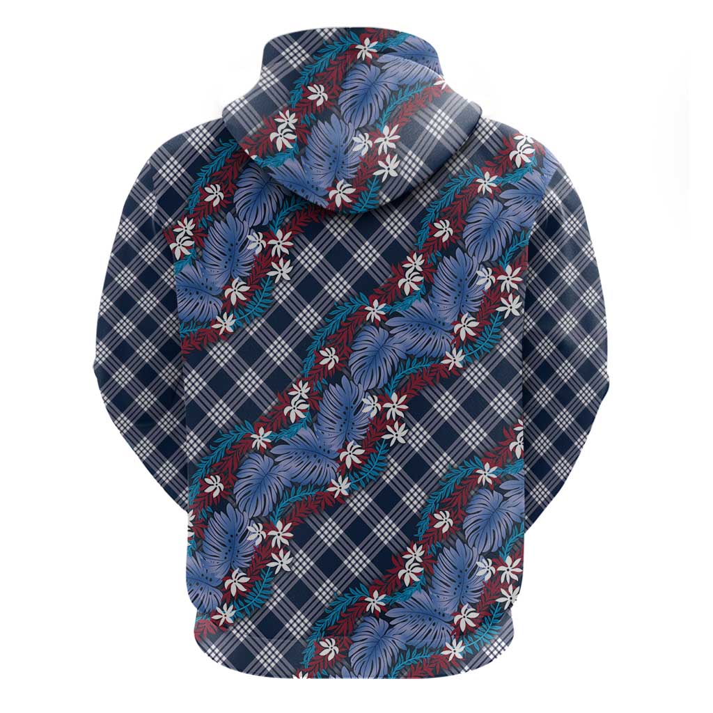 Polynesian Monstera Tiare Floral Zip Hoodie Royal Blue Tropical Plaid - Polynesian Pride