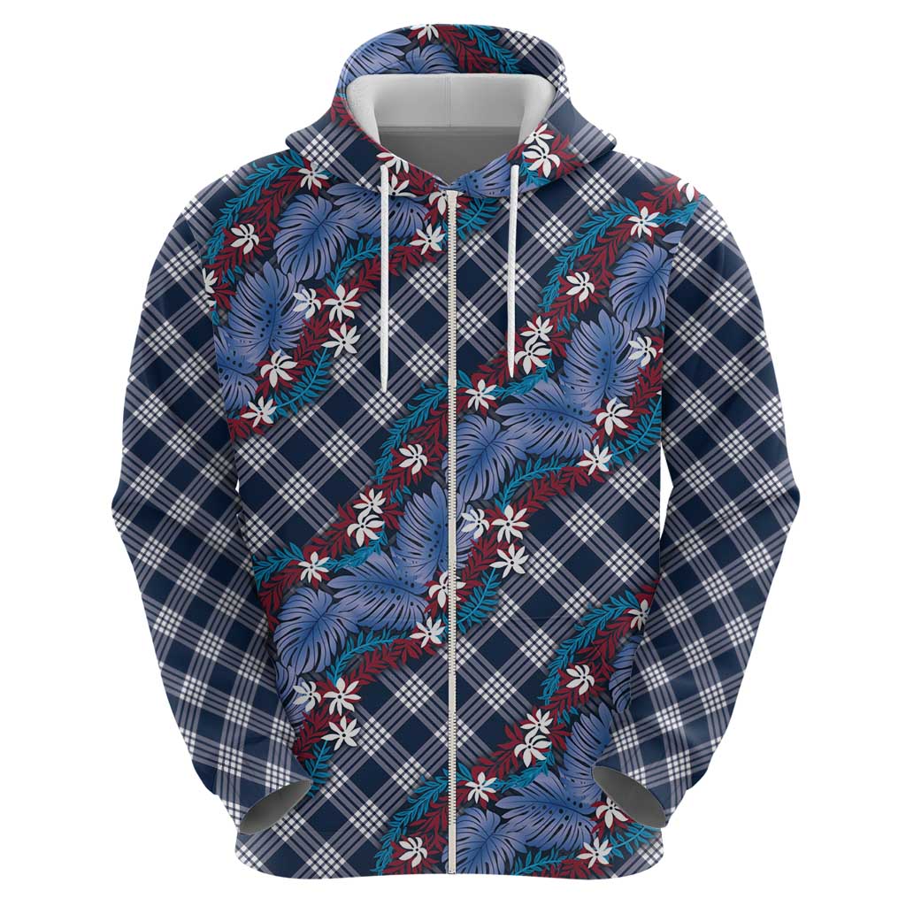 Polynesian Monstera Tiare Floral Zip Hoodie Royal Blue Tropical Plaid - Polynesian Pride