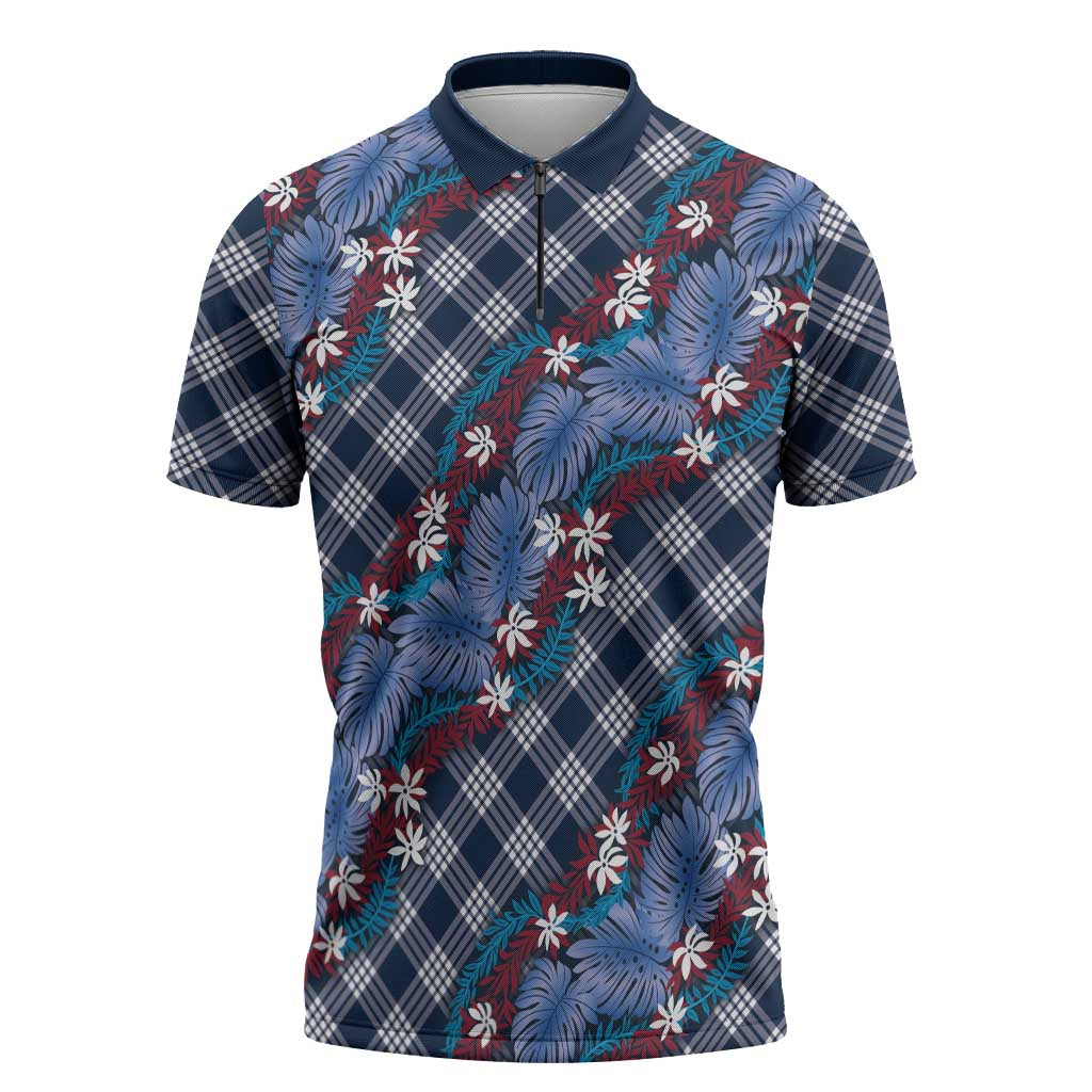 Polynesian Monstera Tiare Floral Zipper Polo Shirt Royal Blue Tropical Plaid - Polynesian Pride