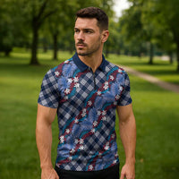 Polynesian Monstera Tiare Floral Zipper Polo Shirt Royal Blue Tropical Plaid - Polynesian Pride