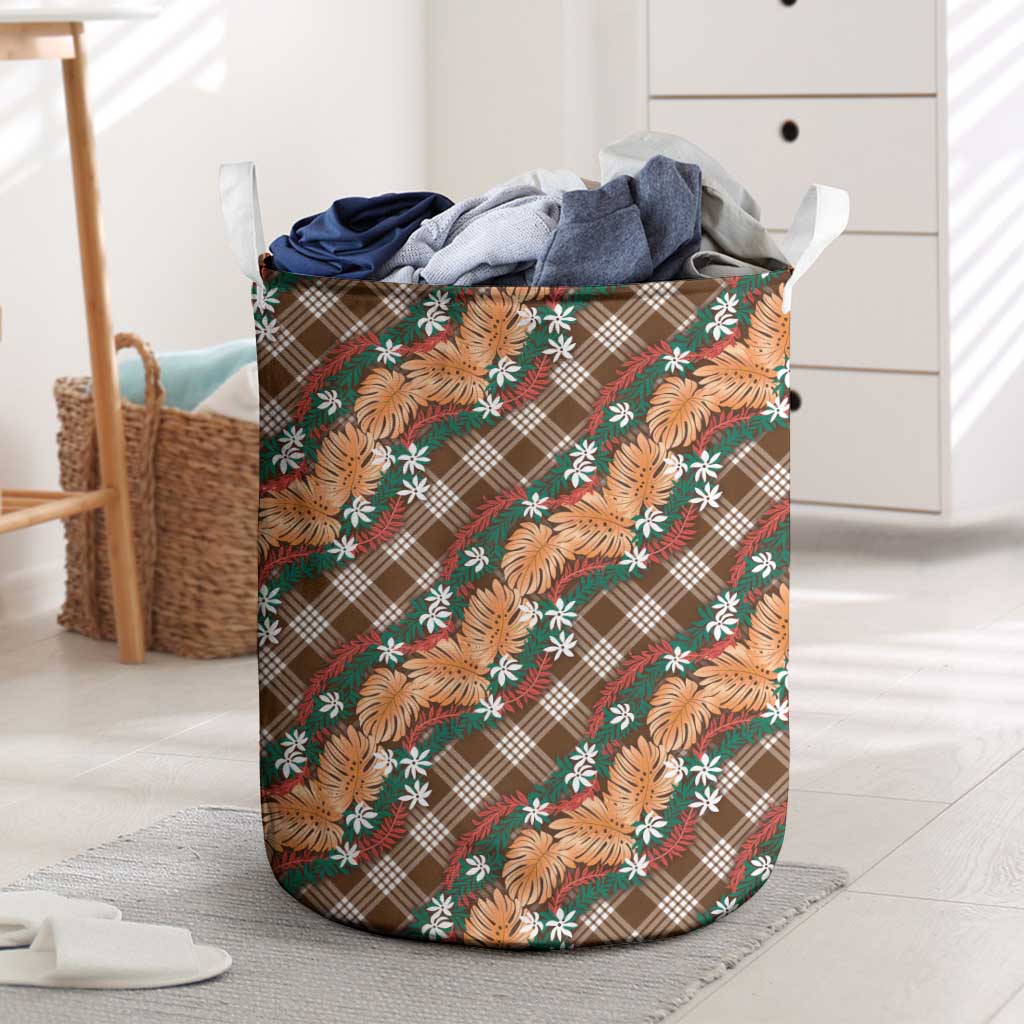 Polynesian Monstera Tiare Floral Laundry Basket Chocolate Brown Tropical Plaid - Polynesian Pride
