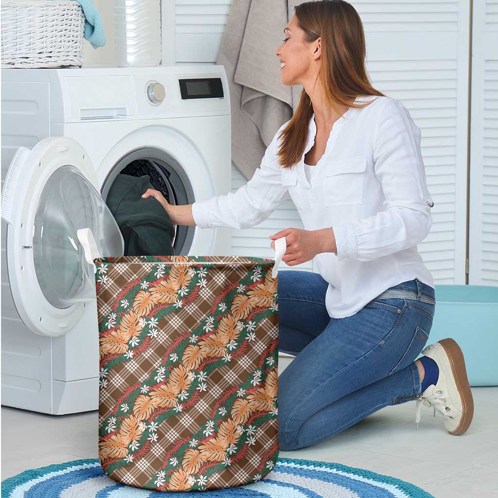 Polynesian Monstera Tiare Floral Laundry Basket Chocolate Brown Tropical Plaid - Polynesian Pride