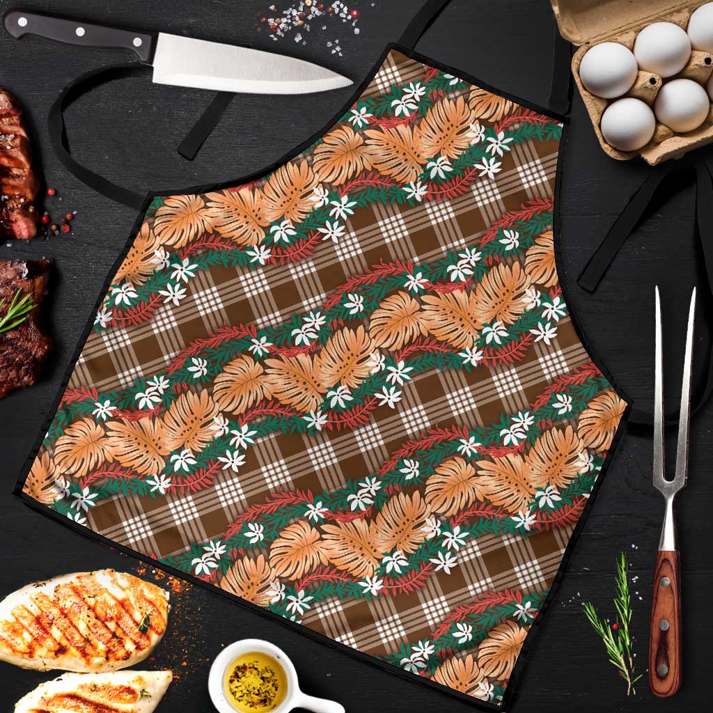 Polynesian Monstera Tiare Floral Apron Chocolate Brown Tropical Plaid - Polynesian Pride