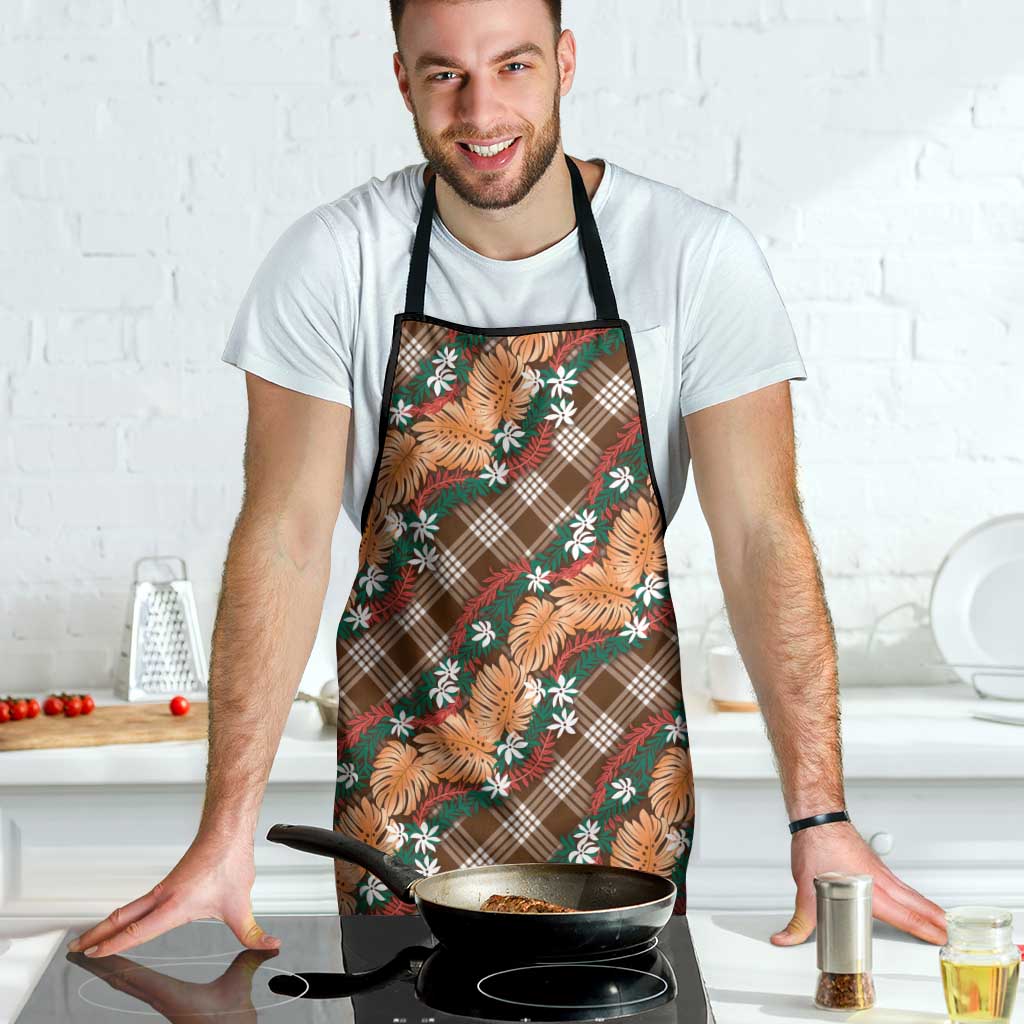 Polynesian Monstera Tiare Floral Apron Chocolate Brown Tropical Plaid - Polynesian Pride