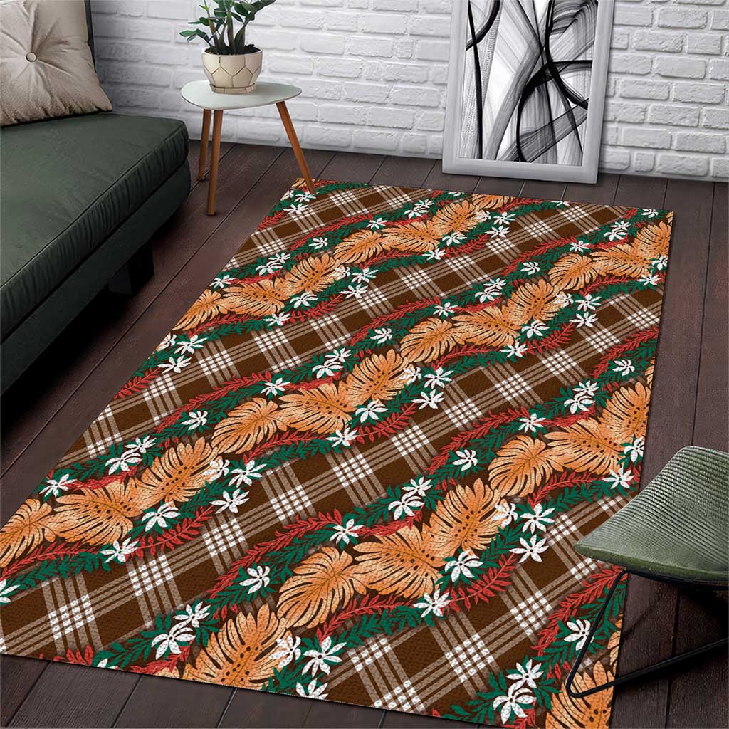 Polynesian Monstera Tiare Floral Area Rug Chocolate Brown Tropical Plaid - Polynesian Pride