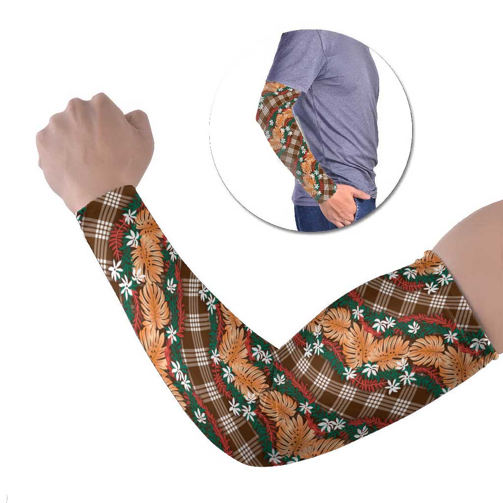 Polynesian Monstera Tiare Floral Arm Sleeves Chocolate Brown Tropical Plaid - Polynesian Pride