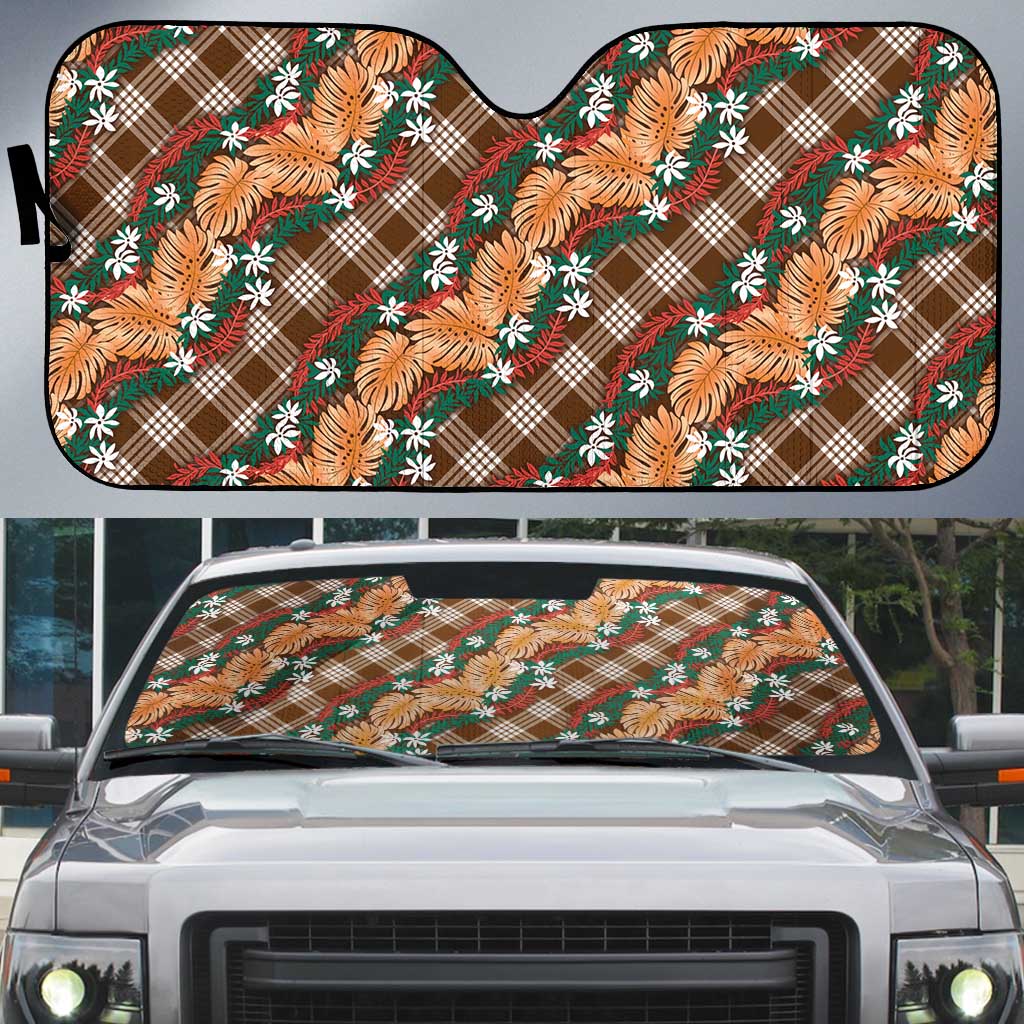 Polynesian Monstera Tiare Floral Auto Sun Shade Chocolate Brown Tropical Plaid - Polynesian Pride