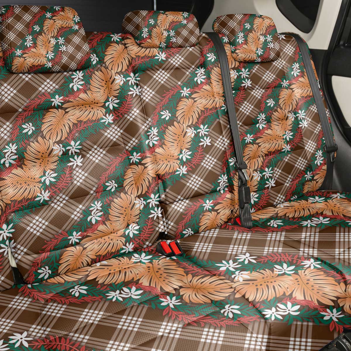 Polynesian Monstera Tiare Floral Back Car Seat Cover Chocolate Brown Tropical Plaid - Polynesian Pride