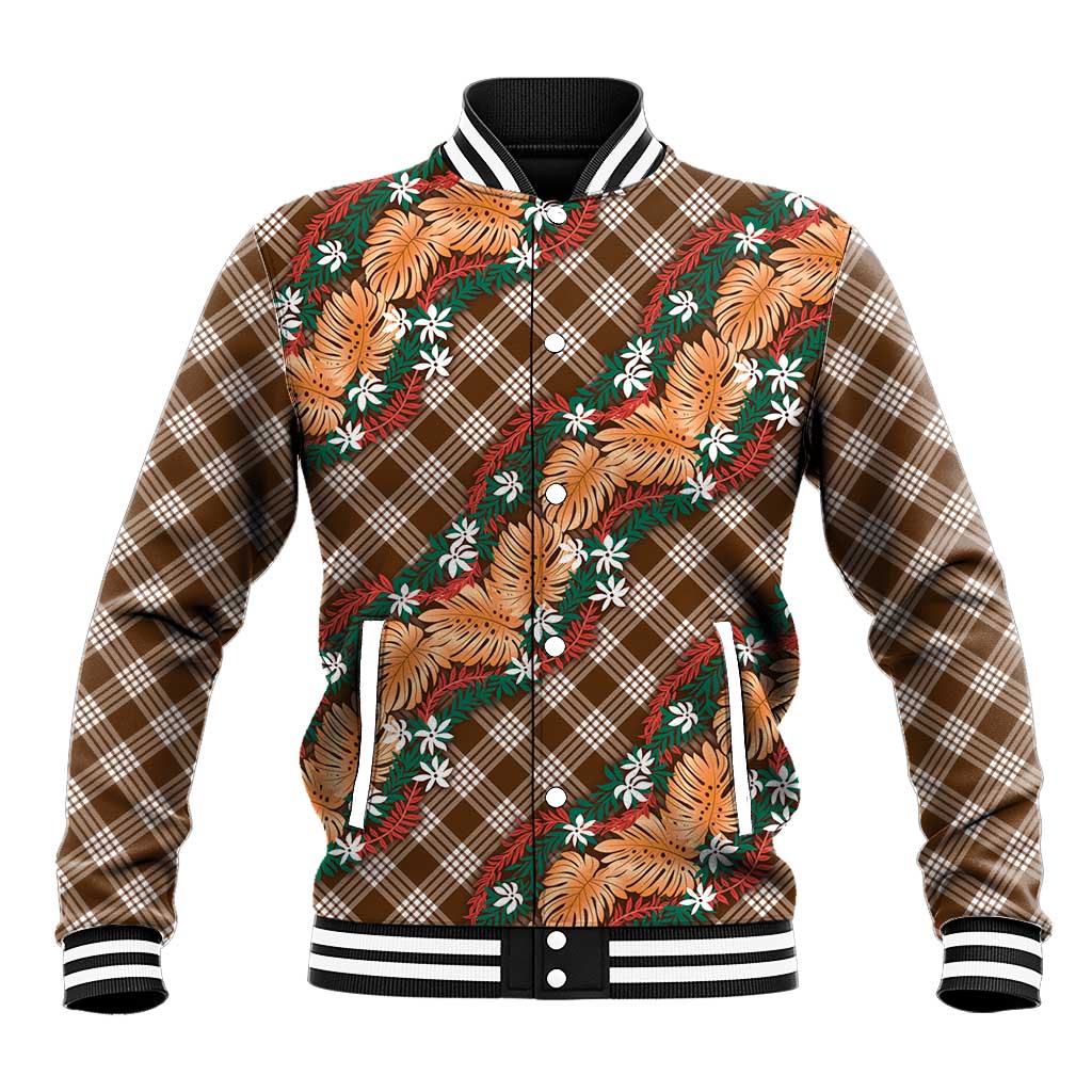 Polynesian Monstera Tiare Floral Baseball Jacket Chocolate Brown Tropical Plaid - Polynesian Pride