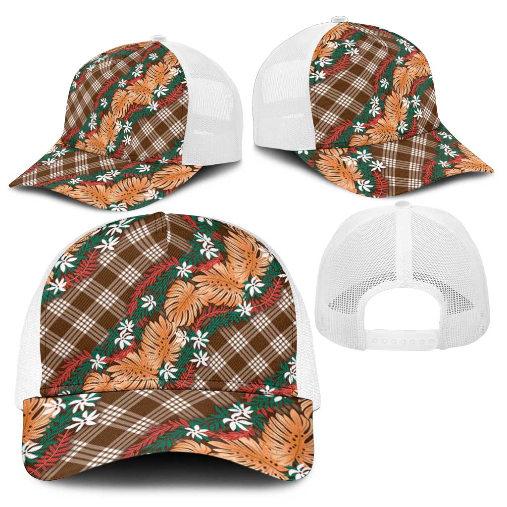 Polynesian Monstera Tiare Floral Baseball Net Cap Chocolate Brown Tropical Plaid - Polynesian Pride