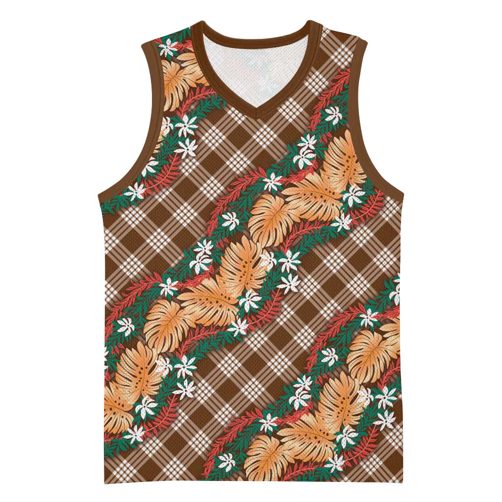 Polynesian Monstera Tiare Floral Basketball Jersey Chocolate Brown Tropical Plaid - Polynesian Pride
