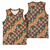 Polynesian Monstera Tiare Floral Basketball Jersey Chocolate Brown Tropical Plaid - Polynesian Pride