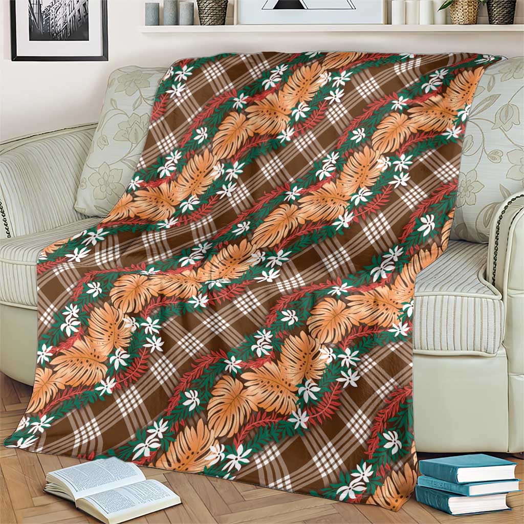 Polynesian Monstera Tiare Floral Blanket Chocolate Brown Tropical Plaid - Polynesian Pride