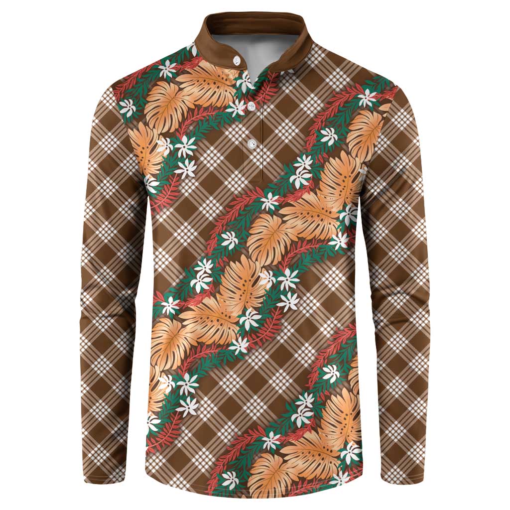 Polynesian Monstera Tiare Floral Button Sweatshirt Chocolate Brown Tropical Plaid - Polynesian Pride