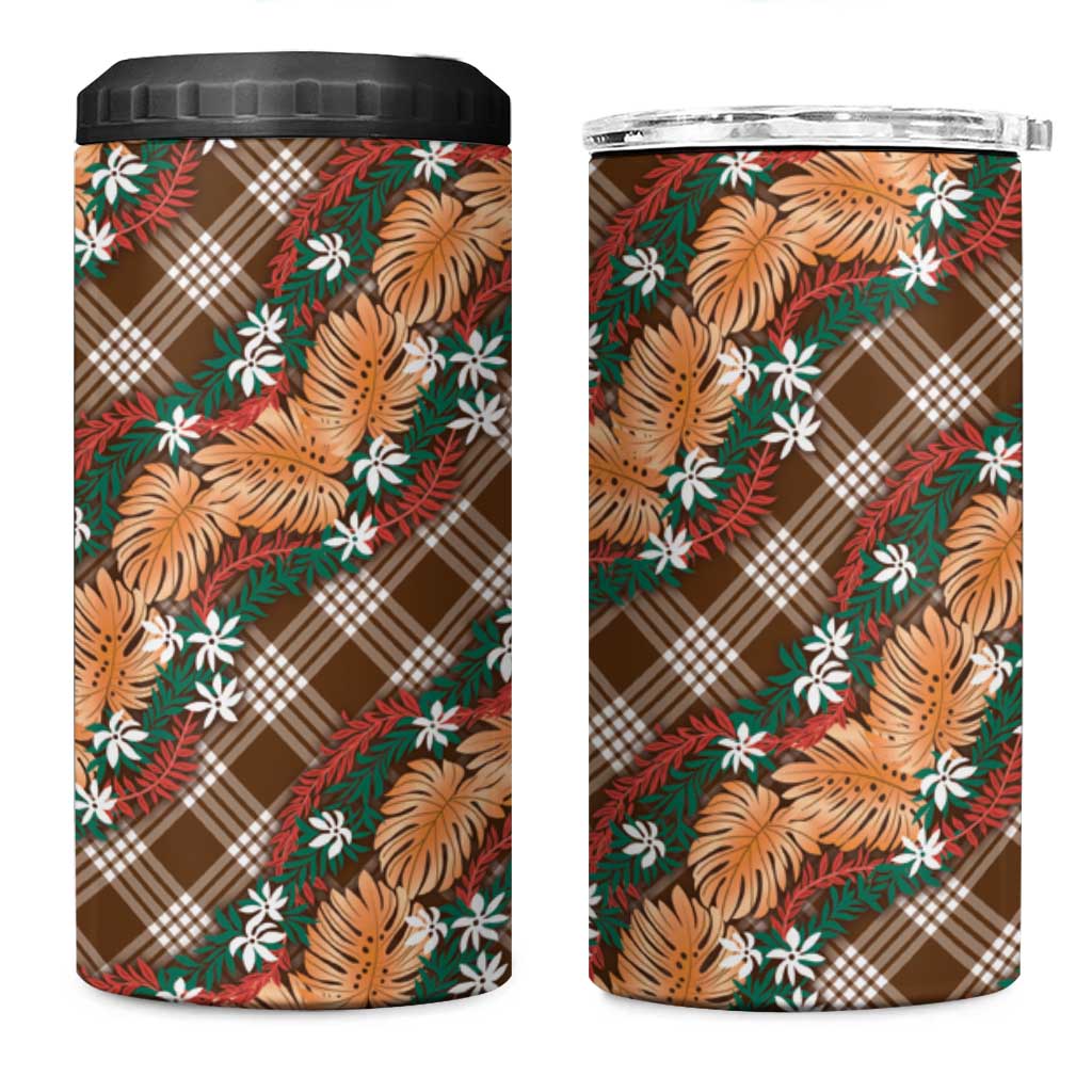 Polynesian Monstera Tiare Floral 4 in 1 Can Cooler Tumbler Chocolate Brown Tropical Plaid - Polynesian Pride