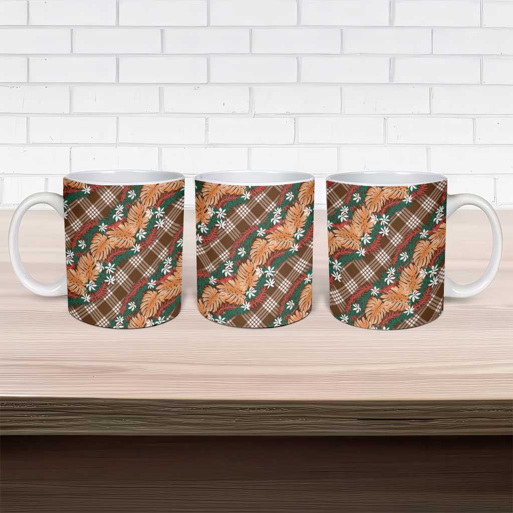 Polynesian Monstera Tiare Floral Ceramic Mug Chocolate Brown Tropical Plaid - Polynesian Pride