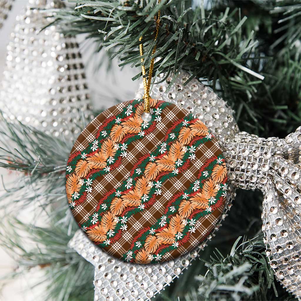 Polynesian Monstera Tiare Floral Ceramic Ornament Chocolate Brown Tropical Plaid - Polynesian Pride