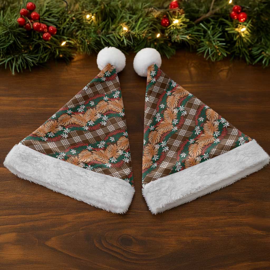 Polynesian Monstera Tiare Floral Christmas Santa Hat Chocolate Brown Tropical Plaid - Polynesian Pride