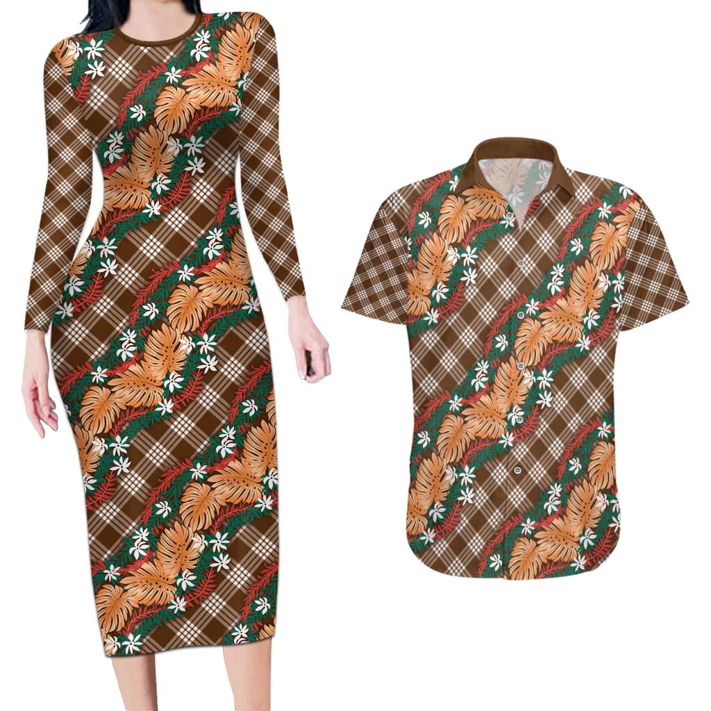 Polynesian Monstera Tiare Floral Couples Matching Long Sleeve Bodycon Dress and Hawaiian Shirt Chocolate Brown Tropical Plaid - Polynesian Pride