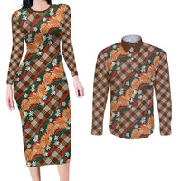 Polynesian Monstera Tiare Floral Couples Matching Long Sleeve Bodycon Dress and Long Sleeve Button Shirt Chocolate Brown Tropical Plaid - Polynesian Pride