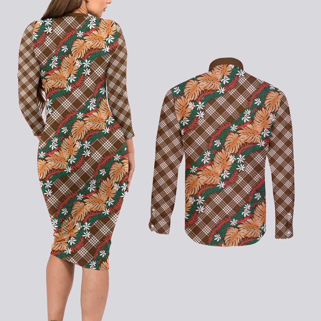 Polynesian Monstera Tiare Floral Couples Matching Long Sleeve Bodycon Dress and Long Sleeve Button Shirt Chocolate Brown Tropical Plaid - Polynesian Pride