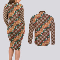 Polynesian Monstera Tiare Floral Couples Matching Long Sleeve Bodycon Dress and Long Sleeve Button Shirt Chocolate Brown Tropical Plaid - Polynesian Pride