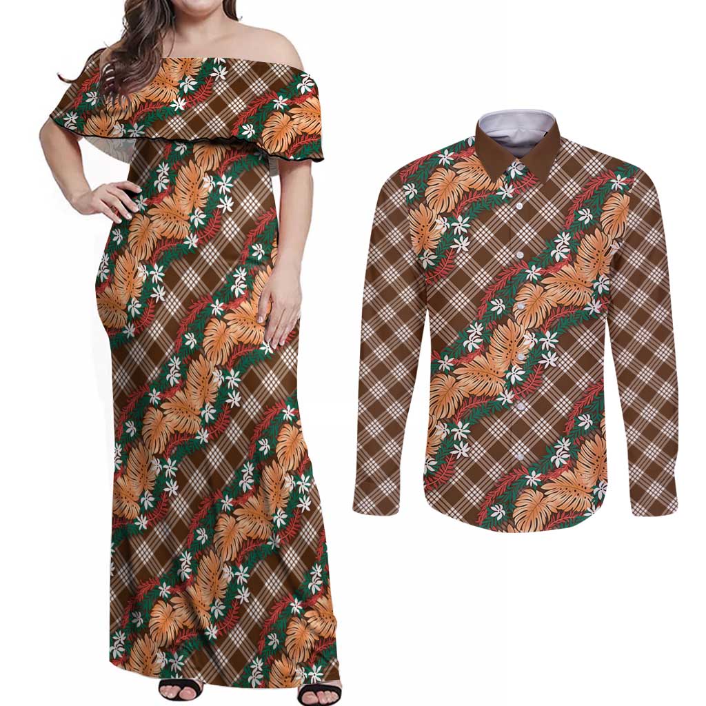 Polynesian Monstera Tiare Floral Couples Matching Off Shoulder Maxi Dress and Long Sleeve Button Shirt Chocolate Brown Tropical Plaid - Polynesian Pride