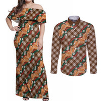 Polynesian Monstera Tiare Floral Couples Matching Off Shoulder Maxi Dress and Long Sleeve Button Shirt Chocolate Brown Tropical Plaid - Polynesian Pride