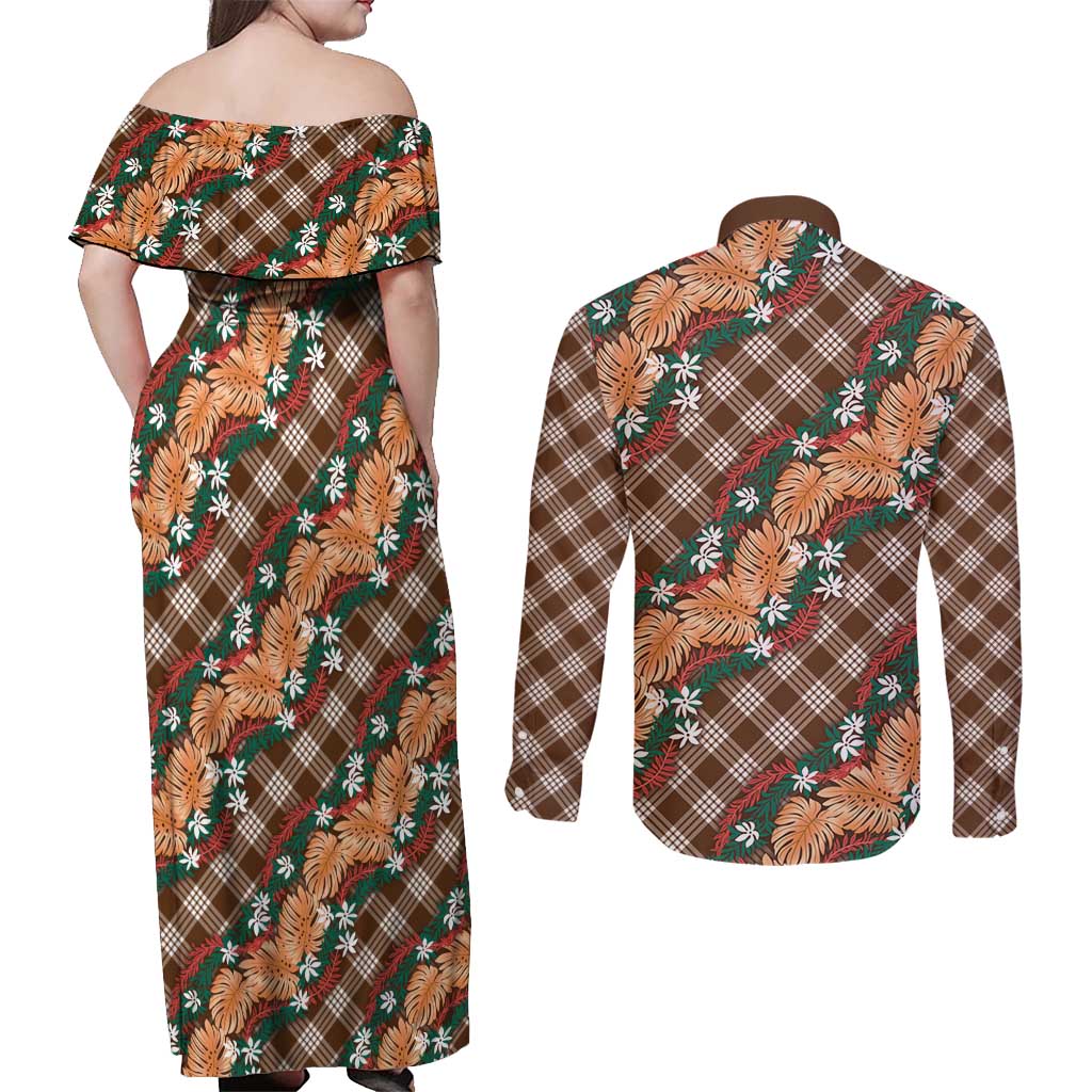 Polynesian Monstera Tiare Floral Couples Matching Off Shoulder Maxi Dress and Long Sleeve Button Shirt Chocolate Brown Tropical Plaid - Polynesian Pride