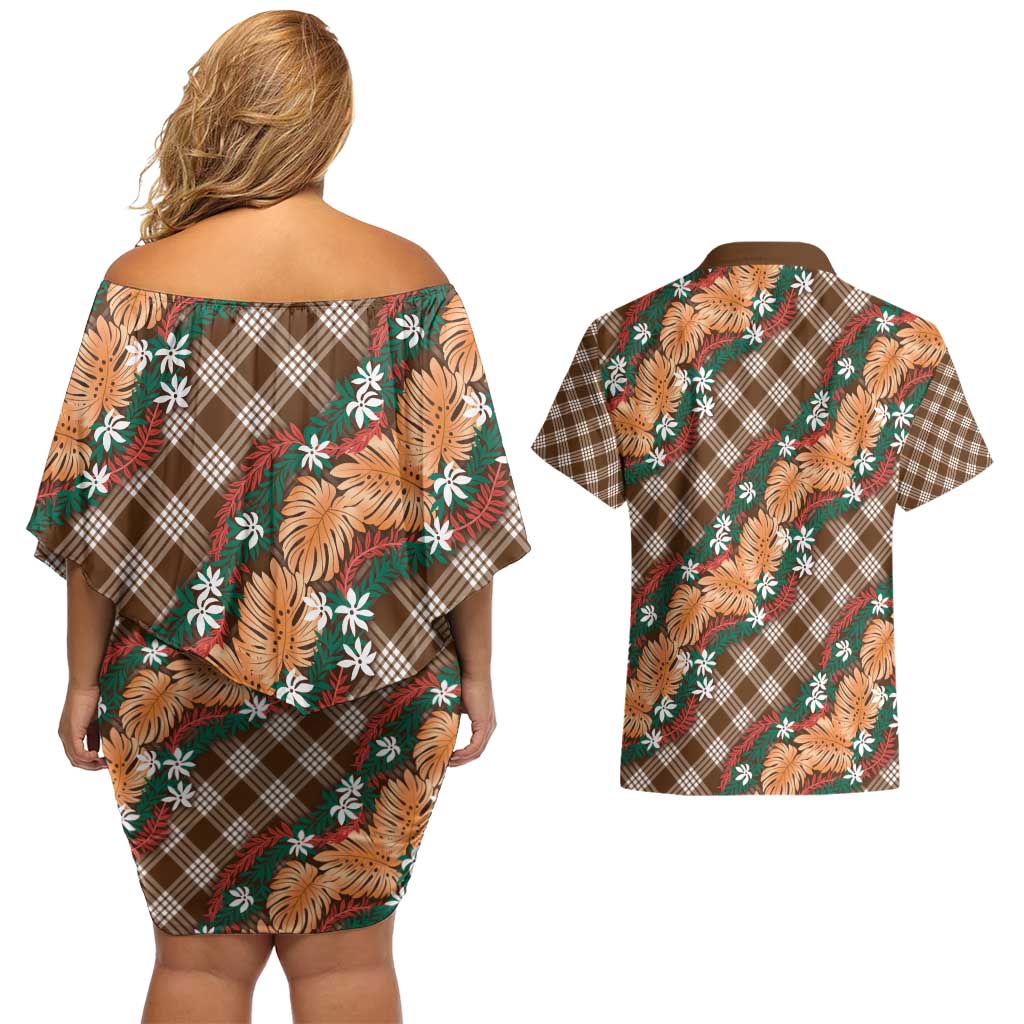 Polynesian Monstera Tiare Floral Couples Matching Off Shoulder Short Dress and Hawaiian Shirt Chocolate Brown Tropical Plaid - Polynesian Pride