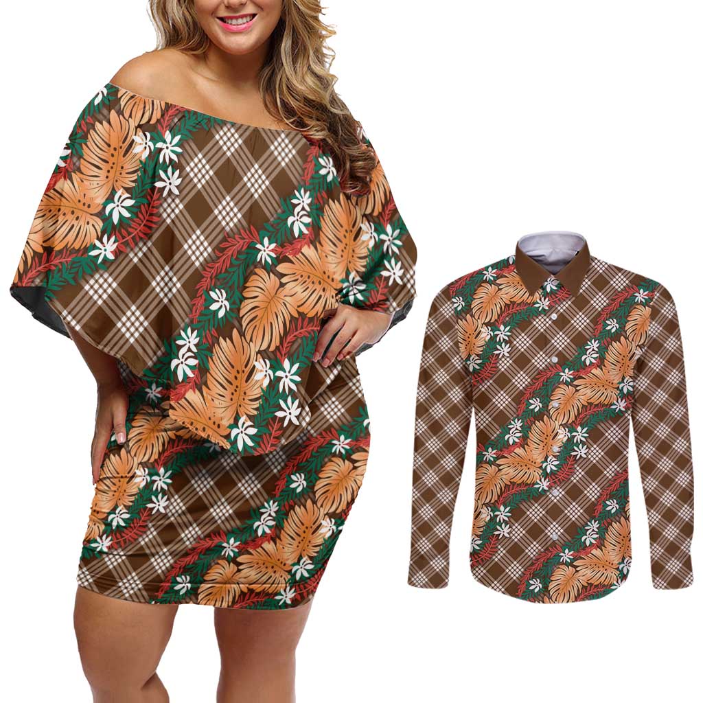 Polynesian Monstera Tiare Floral Couples Matching Off Shoulder Short Dress and Long Sleeve Button Shirt Chocolate Brown Tropical Plaid - Polynesian Pride