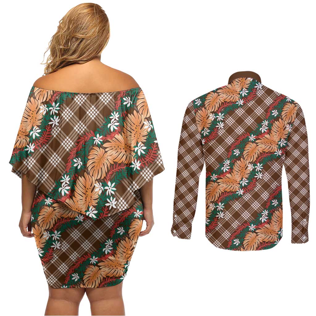 Polynesian Monstera Tiare Floral Couples Matching Off Shoulder Short Dress and Long Sleeve Button Shirt Chocolate Brown Tropical Plaid - Polynesian Pride