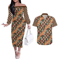 Polynesian Monstera Tiare Floral Couples Matching Off The Shoulder Long Sleeve Dress and Hawaiian Shirt Chocolate Brown Tropical Plaid - Polynesian Pride