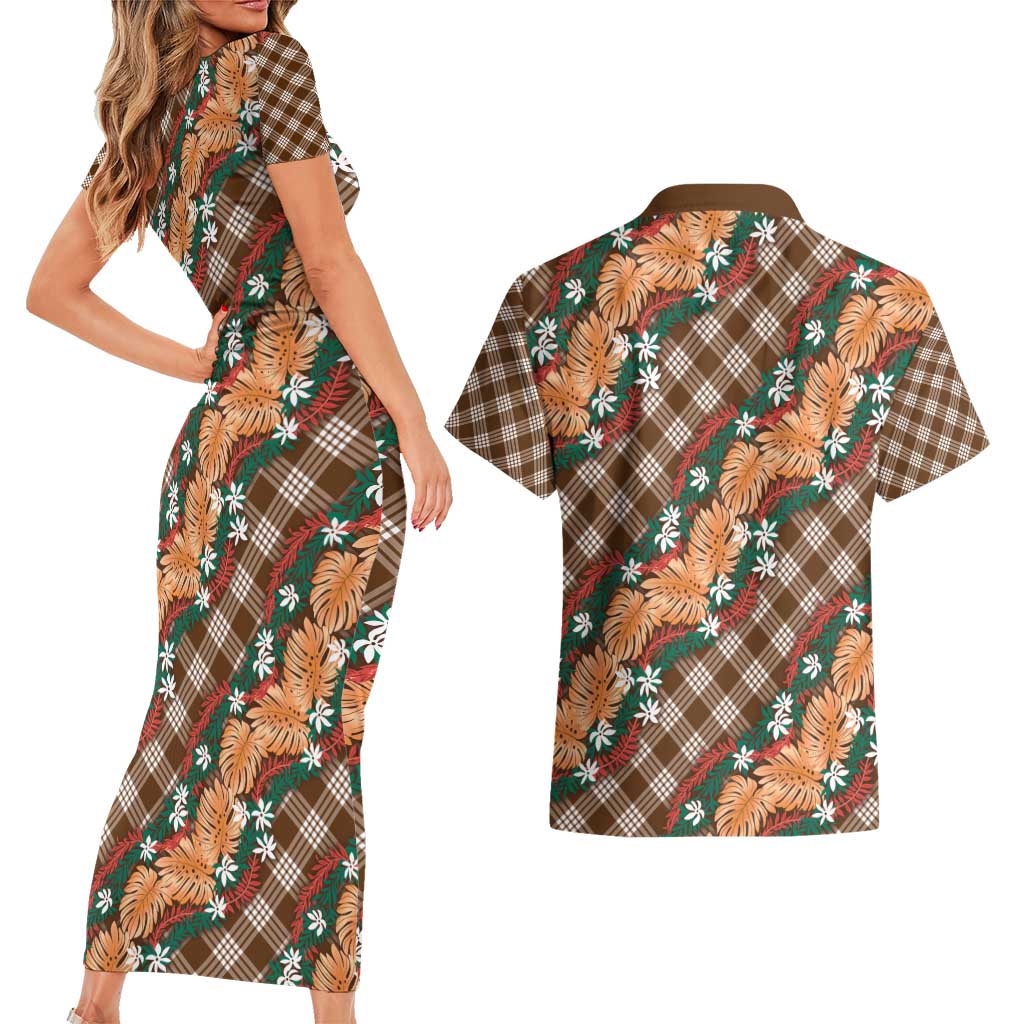 Polynesian Monstera Tiare Floral Couples Matching Short Sleeve Bodycon Dress and Hawaiian Shirt Chocolate Brown Tropical Plaid - Polynesian Pride