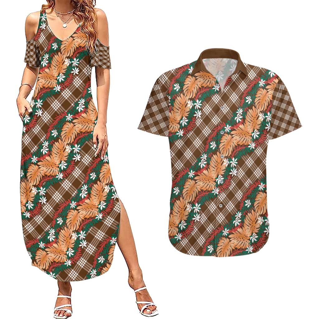 Polynesian Monstera Tiare Floral Couples Matching Summer Maxi Dress and Hawaiian Shirt Chocolate Brown Tropical Plaid - Polynesian Pride