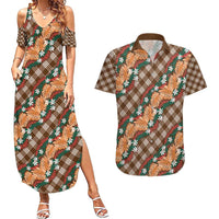 Polynesian Monstera Tiare Floral Couples Matching Summer Maxi Dress and Hawaiian Shirt Chocolate Brown Tropical Plaid - Polynesian Pride