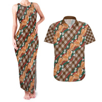 Polynesian Monstera Tiare Floral Couples Matching Tank Maxi Dress and Hawaiian Shirt Chocolate Brown Tropical Plaid - Polynesian Pride